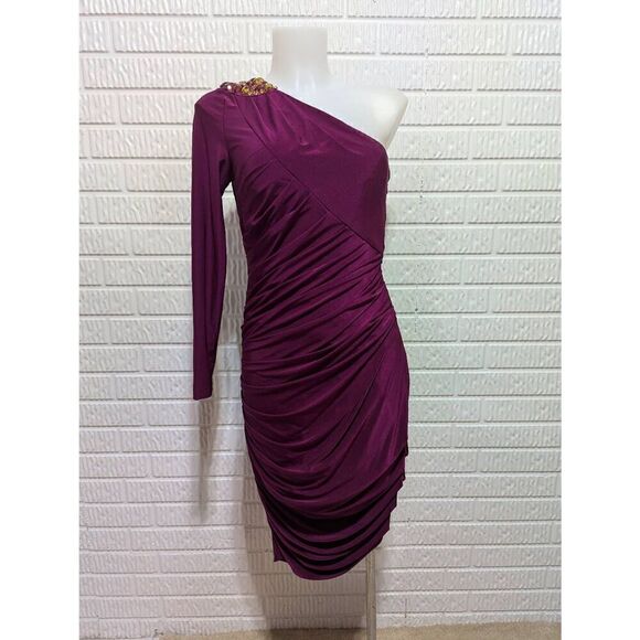 Cache Women's Purple Solid One Beaded Shoulder 80's Bodycon Dress Size 4 - Picture 1 of 10